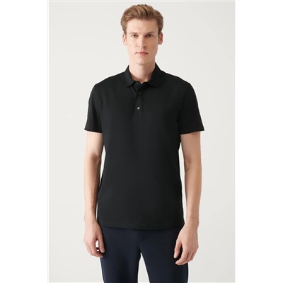 Мужская черная трикотажная футболка стандартного кроя с воротником-поло из 100 % хлопка с 3 кнопками E001033