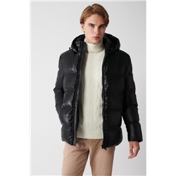 Черная куртка-пуховик с капюшоном, искусственная кожа, водоотталкивающая ткань, удобная посадка