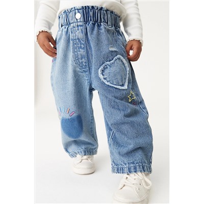 Mid Blue Denim Heart Patch Wide Leg Jeans (3mths-7yrs)