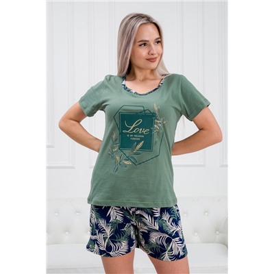 Пижама женская из футболки и шорт из кулирки Элис зеленый