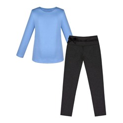 Школьная форма для девочки с голубым джемпером и серыми брюками с бантом