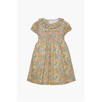 Trotters London Yellow Liberty Print Lemon Elysian Day Smocked Cotton Dress