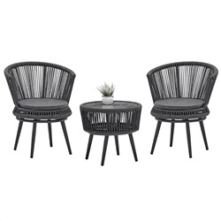 "ДМ" Комплект мебели 3 предмета: стол столешница стеклянная д51х44см; кресло вращающееся 55х67х77см + подушка - 2 штуки, металлический каркас, полипропиленовый шнур, темно-серый (Китай)