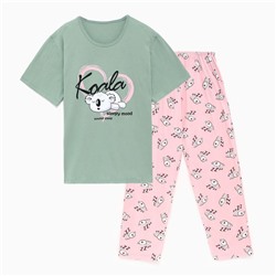 Комплект женский домашний (футболка/брюки) "Koala", цвет зелёный/розовый, размер 60