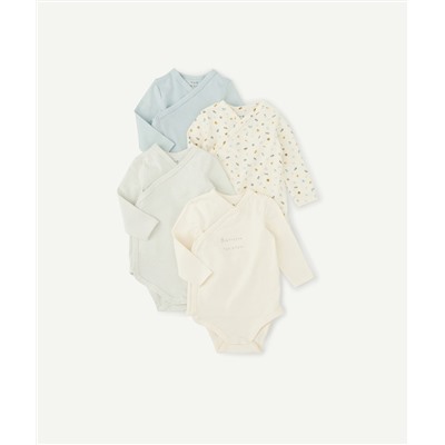 LOT DE 4 BODIES EN COTON BIO BLEU ET BLANC NAISSANCE