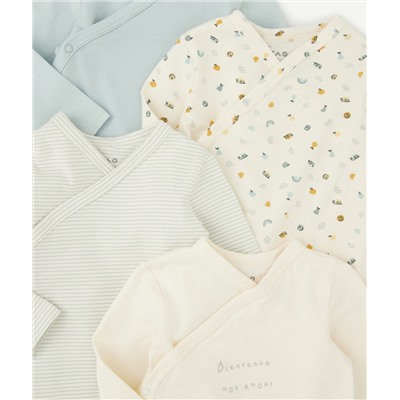 LOT DE 4 BODIES EN COTON BIO BLEU ET BLANC NAISSANCE