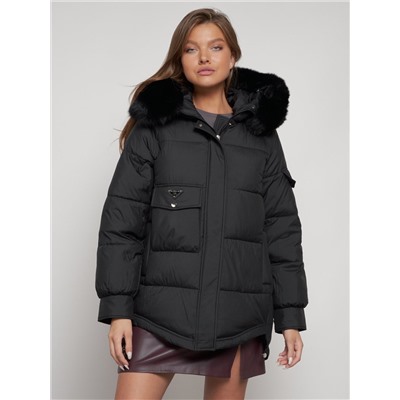 Куртка зимняя женская модная с мехом черного цвета 13301Ch