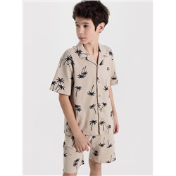 Рубашка для мальчиков бежево-серая с пальмами