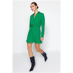 Изумрудно-зеленое тканое платье-рубашка с поясом и пуговицами TWOAW24EL00363
