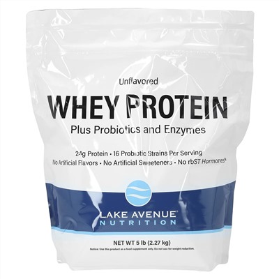 Lake Avenue Nutrition, Сывороточный протеин с пробиотиками и ферментами, нейтральный вкус, 2,27 кг (5 фунтов)