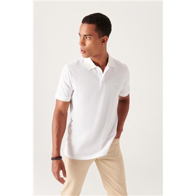 Белая футболка с воротником-поло, 3 пуговицы, 100 % египетский хлопок, стандартная посадка