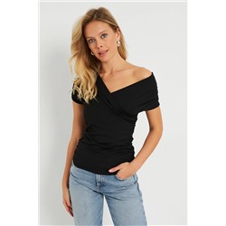 Женская двубортная блузка со сборками, черная EY2725