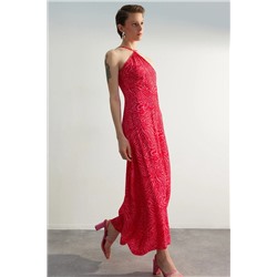 Розовое платье макси прямого кроя с открытой спиной TWOSS23EL01388