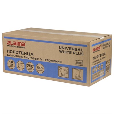 Полотенца бумажные 250 шт., LAIMA (H3) UNIVERSAL WHITE PLUS, 1-слойные, белые, КОМПЛЕКТ 15 пачек, 23х23, V-сложение, 111343