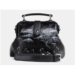 Черная кожаная сумка с росписью из натуральной кожи «W0013 Black Ведьма на метле»