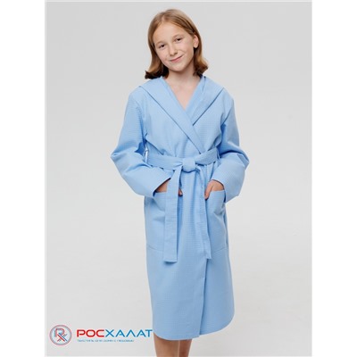 Подростковый вафельный халат с капюшоном голубой В-18 (2)