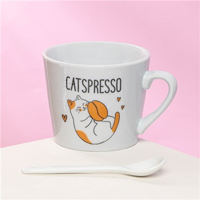 Кружка керамическая с ложкой Catspresso, 180 мл, цвет белый