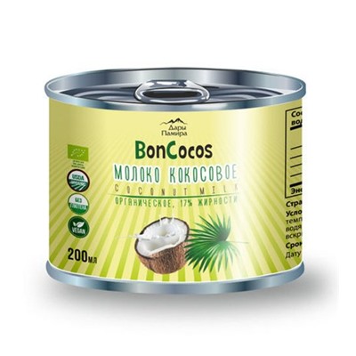 Молоко кокосовое BONCOCOS, органика,  жирность 17%, 400мл, ж/б