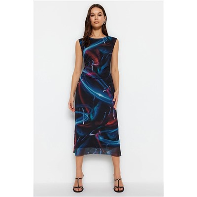 Эластичное трикотажное платье миди на подкладке из тюля с разноцветным принтом и оборками TWOSS23EL00808