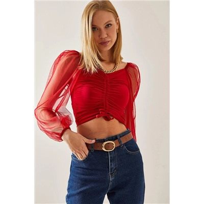 XHAN Красная блузка с прозрачными рукавами и сборками 4KXK2-47653-04