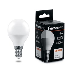 Нарушена упаковка.   Лампа светодиодная Feron.PRO LB-1406 Шарик E14 6W 6400K  38067