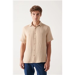 Мужская бежевая рубашка с короткими рукавами и морщинами A21y2077