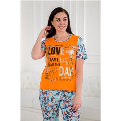 Пижама женская домашний интерлок из футболки и бридж LOVE оранжевый