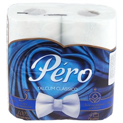 Туалетная бумага 3-х слойная "Pero Talcum", 4 рулона в упаковке, отрывной лист 14х10см, белый с цветным тиснением (Россия)