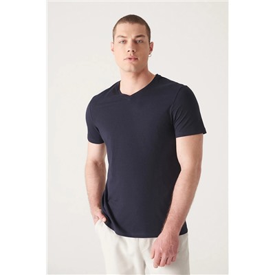 Мужская темно-синяя футболка из 100% хлопка с v-образным вырезом стандартного кроя E001001