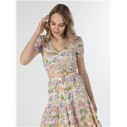 Приталенная многоцветная женская рубашка с коротким рукавом с цветочным принтом