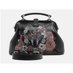 Черная кожаная сумка с росписью из натуральной кожи «W0013 Black Волчица в цветах»
