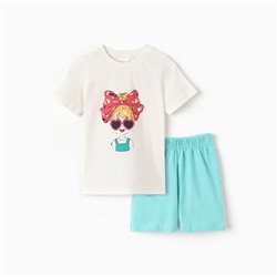 Комплект для девочки "Девочка" (футболка/шорты), цвет молочный/бирюзовый, рост 98-104 см