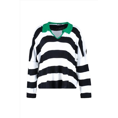 Зеленый трикотажный свитер в полоску с воротником-поло TBBAW23AN00045