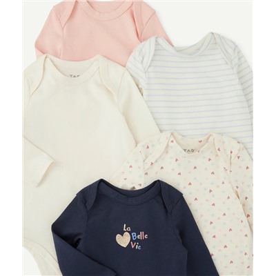 LOT DE 5 BODIES BÉBÉ EN COTON BIO THÈME COEUR BLEU ET ROSE