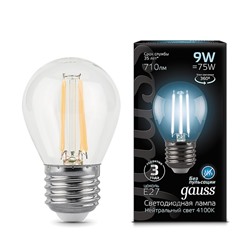 Лампа светодиодная филаментная Filament 9Вт шар 4100К нейтр. бел. E27 710лм GAUSS 105802209