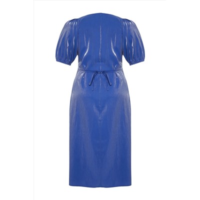 Темно-синее тканое платье с металлизированными рукавами и объемными рукавами TBBSS24AH00152