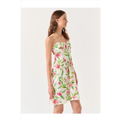 Мини-льняное платье цвета экрю с воротником-сердечком и цветочным принтом