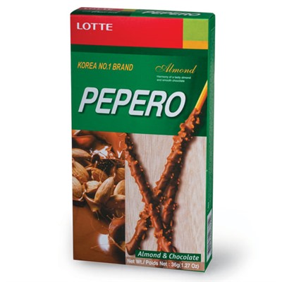 Печенье-соломка LOTTE "Pepero Almond", в шоколадной глазури с миндалем, в картонной упаковке, 36 г, Корея, 62004MO