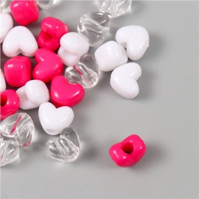 Бусины пластик "Сердце. Ярко-розовый, белый, прозрачный" набор 20 гр 1,2х0,9х0,8 см