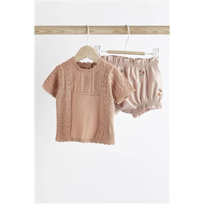 Rust Brown/Pink Baby Knitted Top and Woven Shorts Set (0mths-2yrs)