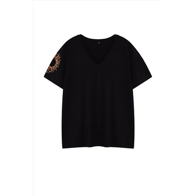 Черная трикотажная футболка свободного/широкого кроя с круглым вырезом из 100% хлопка с рукавами и вышивкой