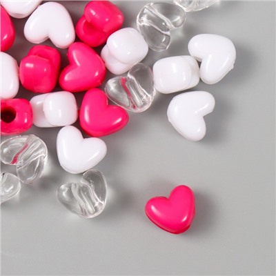 Бусины пластик "Сердце. Ярко-розовый, белый, прозрачный" набор 20 гр 1,2х0,9х0,8 см