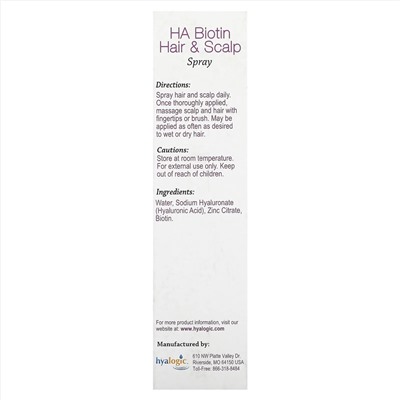 Hyalogic LLC, Спрей для волос и кожи головы с биотином ХА, 4 жидк. унц. (118 мл)