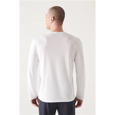 Мужская белая ультрамягкая хлопковая футболка узкого кроя с длинным рукавом и круглым вырезом E001076