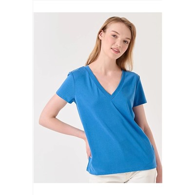 Электрическая синяя трикотажная базовая футболка с прямым вырезом и V-образным вырезом и короткими рукавами 23SAMAZING