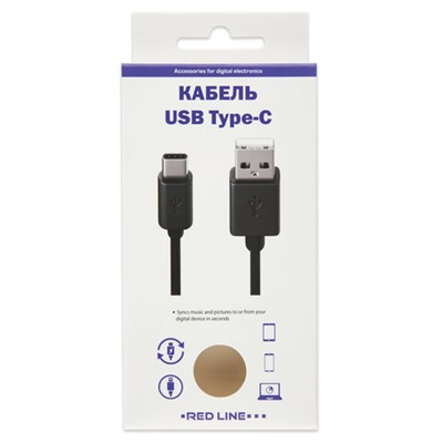 Кабель USB 2.0 AM-TypeC, 1 м, RED LINE, для подключения портативных устройств и периферии, черный, УТ000010553