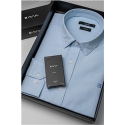 Синяя приталенная хлопковая рубашка с классическим воротником, легко гладимая, в подарочной упаковке/черные духи, 20 мл