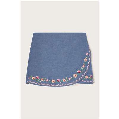 Monsoon Blue Floral Embroidered Chambray Skort