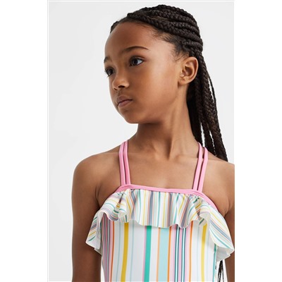 Reiss Cora Striped Frilly Cross-Back Swimsuit