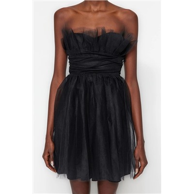 Черное элегантное вечернее платье из тюля с открытой талией/соленой подкладкой TPRSS23EL00343